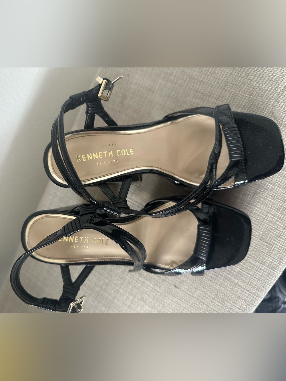 Kenneth Cole Black Patent Open-Toe Ankle-Strap Heels